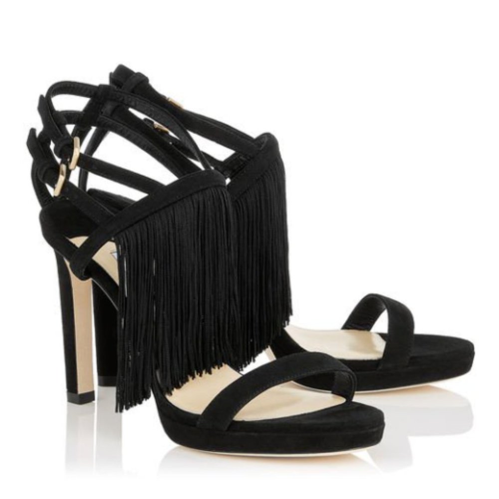 Jimmy Choo Farrah 100 Black Suede Sandals Heels Fringe NEW Size 37 Black $895